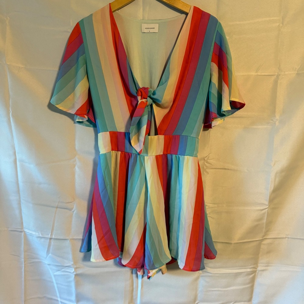 Adrienne Rainbow Striped Tie Front Flutter Sleeve Romper Shorts Womens Size S